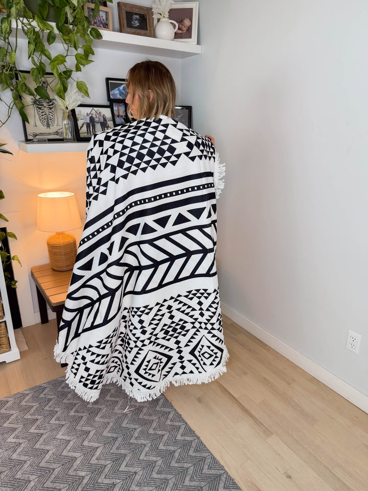 Beach Towel- BLACK AND WHITE AZTEC