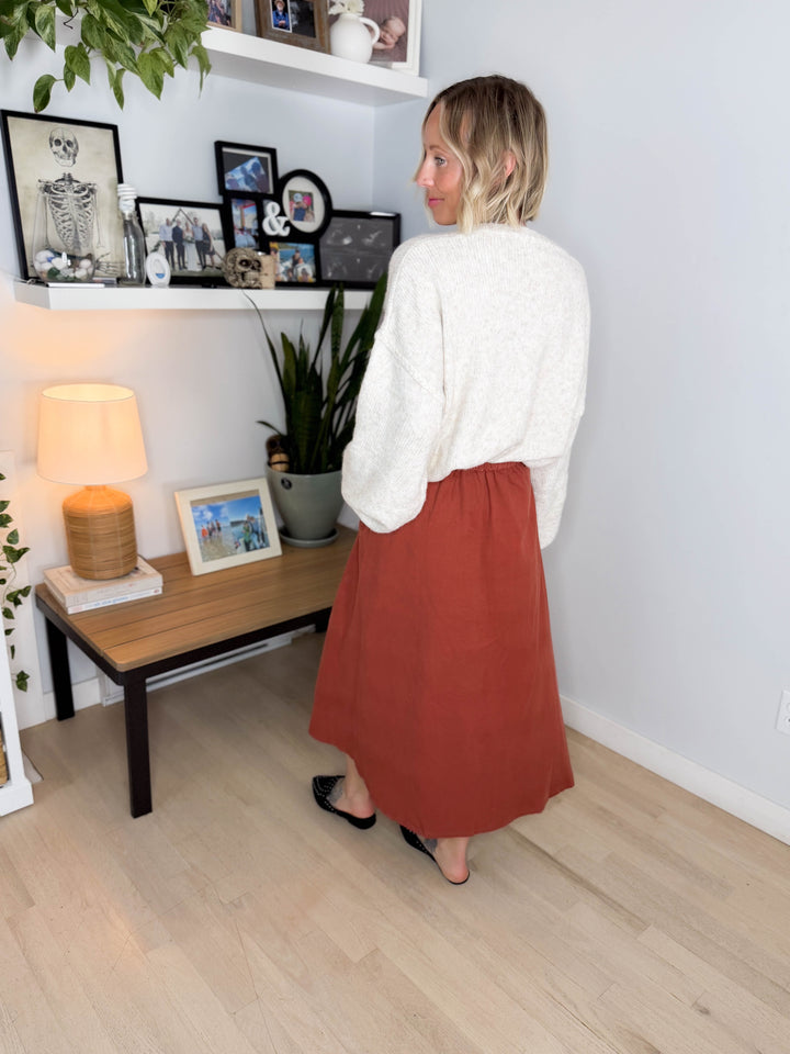 Janice Pleated Button Front Midi Skirt- MARSALA