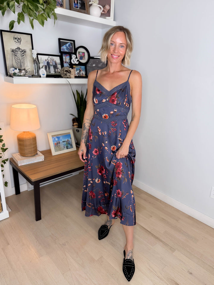 Caraway Floral Empire Neck Satin Midi Dress- MIDNIGHT