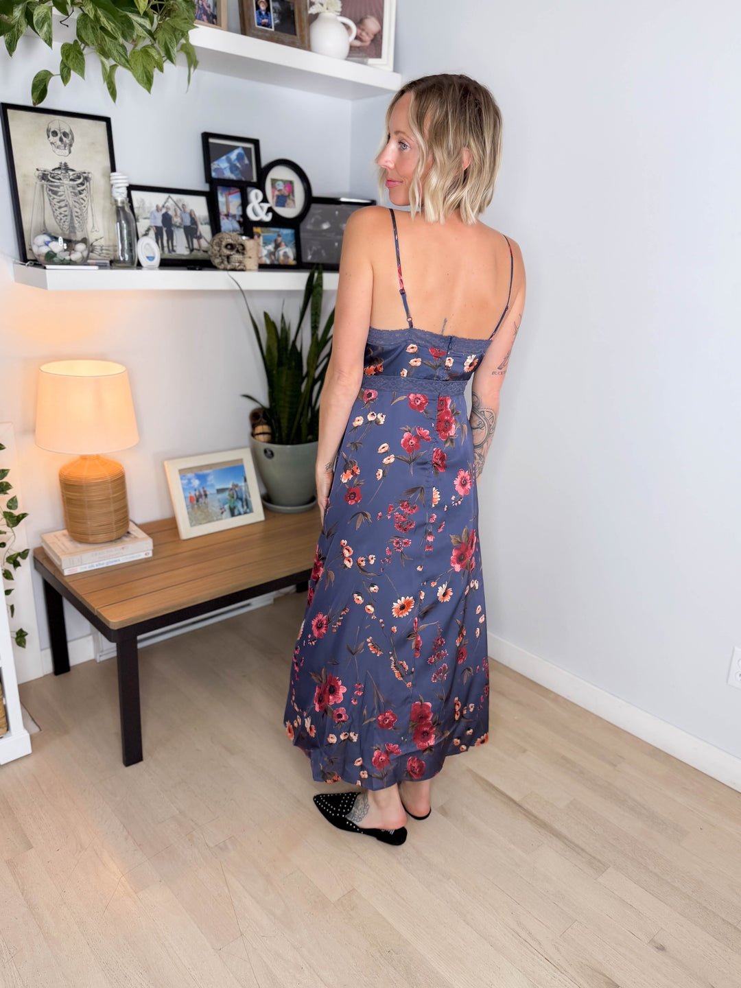 Caraway Floral Empire Neck Satin Midi Dress- MIDNIGHT