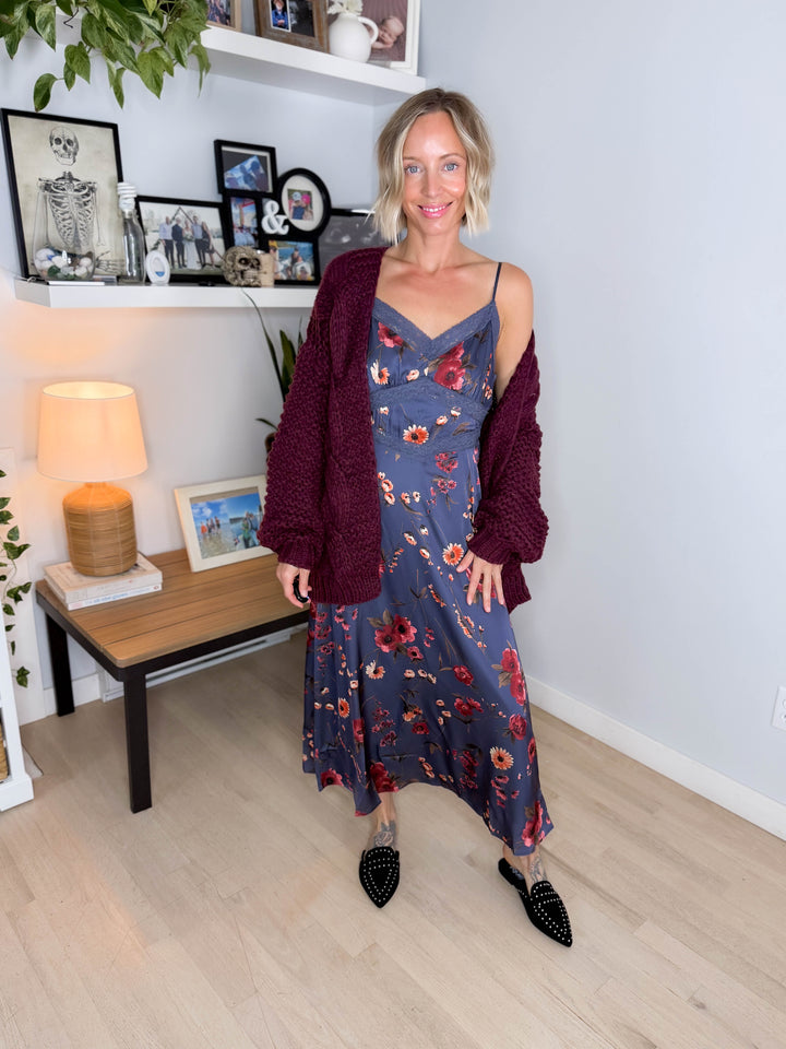 Caraway Floral Empire Neck Satin Midi Dress- MIDNIGHT