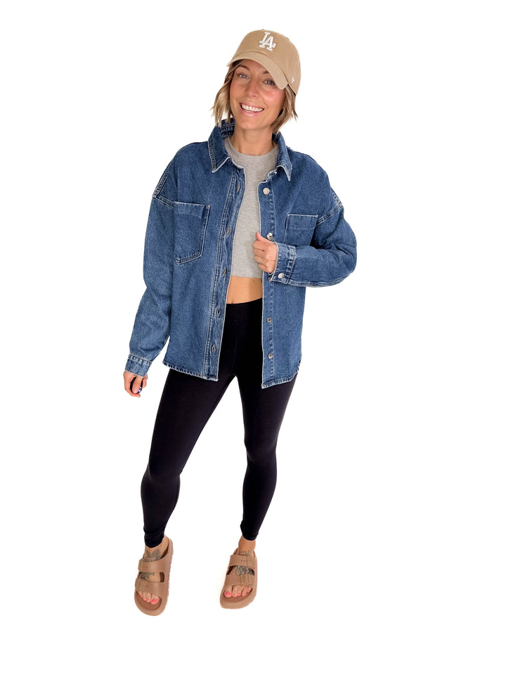 Elara Button Down Denim Jacket- DARK WASH-FINAL SALE