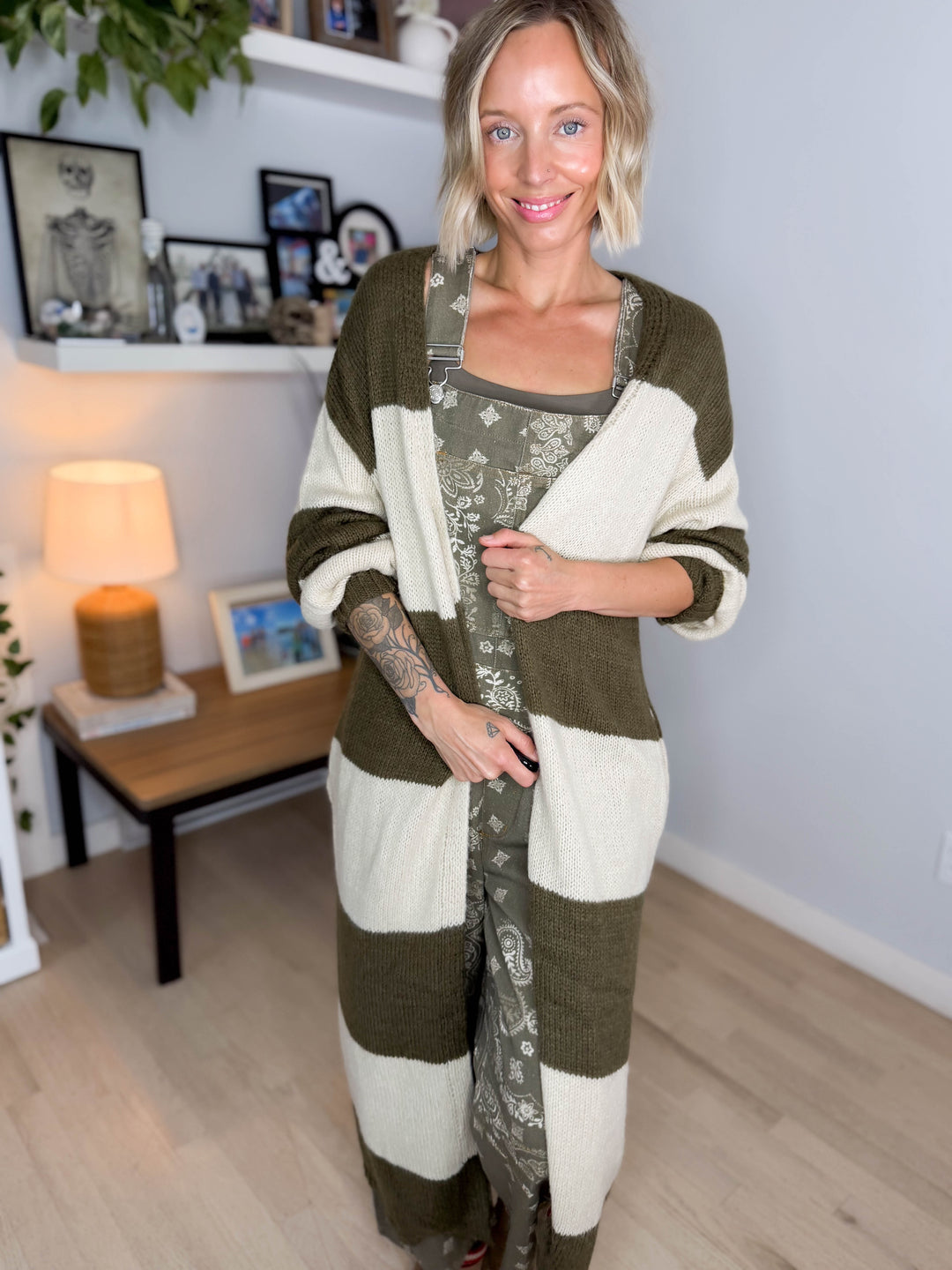 Emma Striped Long Knit Cardigan- OLIVE