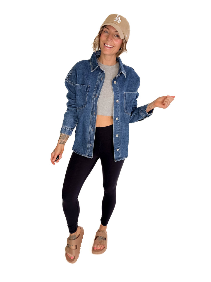 Elara Button Down Denim Jacket- DARK WASH-FINAL SALE