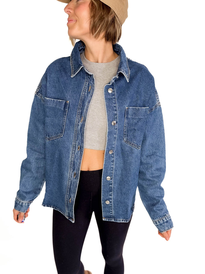 Elara Button Down Denim Jacket- DARK WASH-FINAL SALE