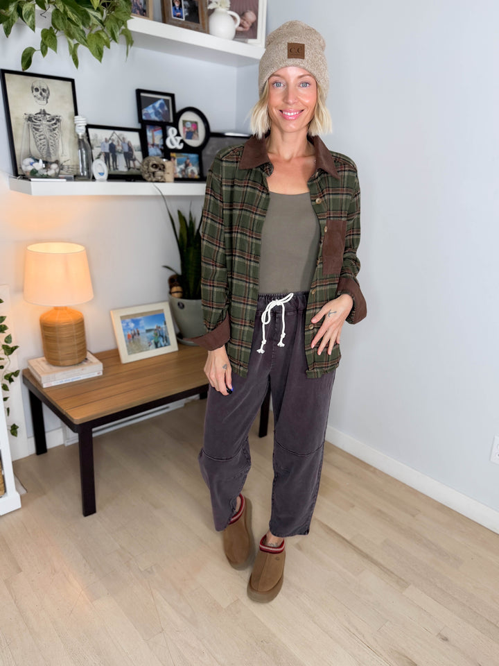 Cinder Corduroy Collared Long Sleeve Flannel- OLIVE