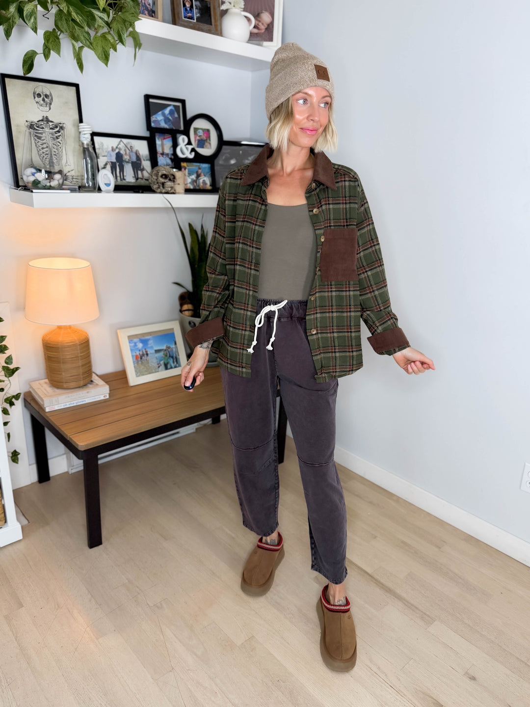 Cinder Corduroy Collared Long Sleeve Flannel- OLIVE