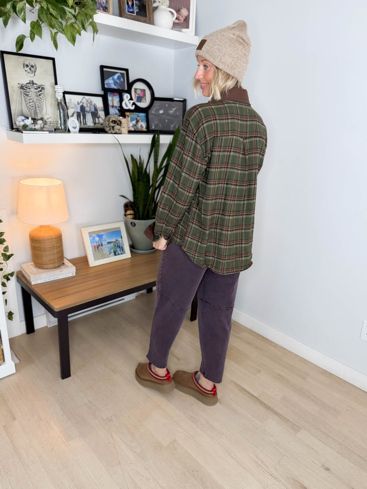Cinder Corduroy Collared Long Sleeve Flannel- OLIVE