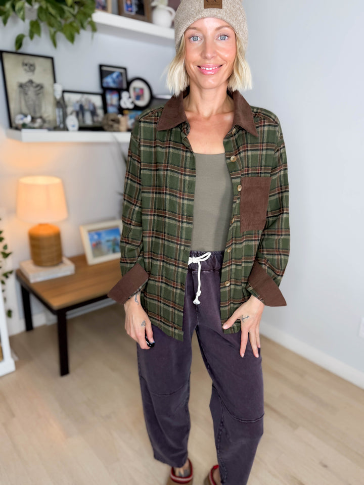 Cinder Corduroy Collared Long Sleeve Flannel- OLIVE