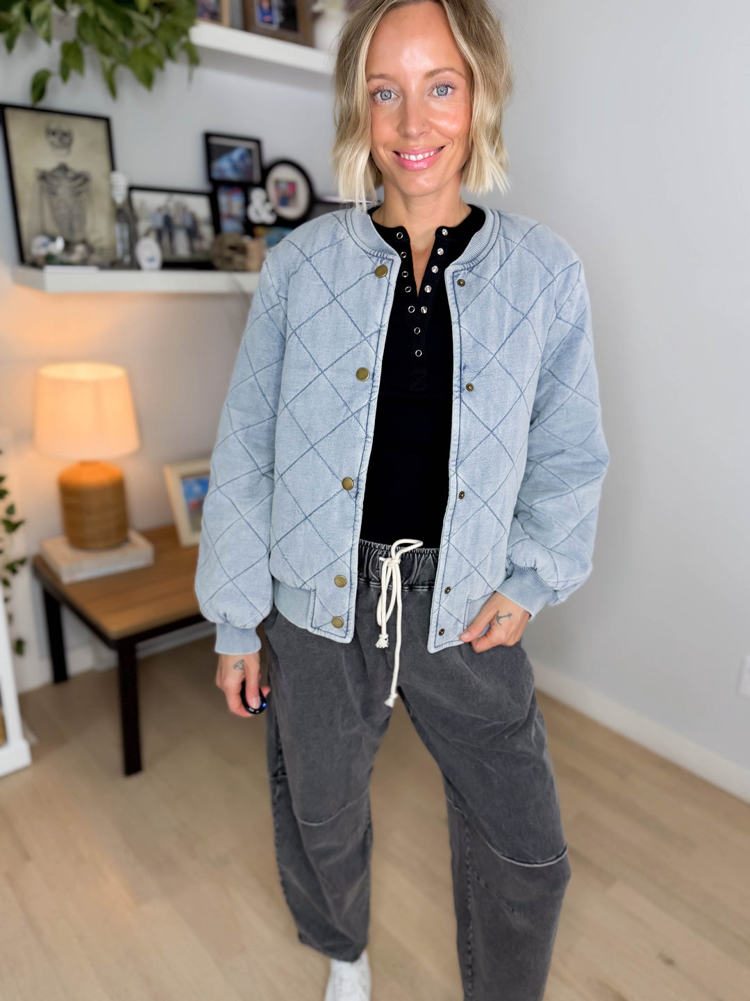Pacey Washed Cotton Quilted Bomber Jacket- LIGHT DENIM BLUE
