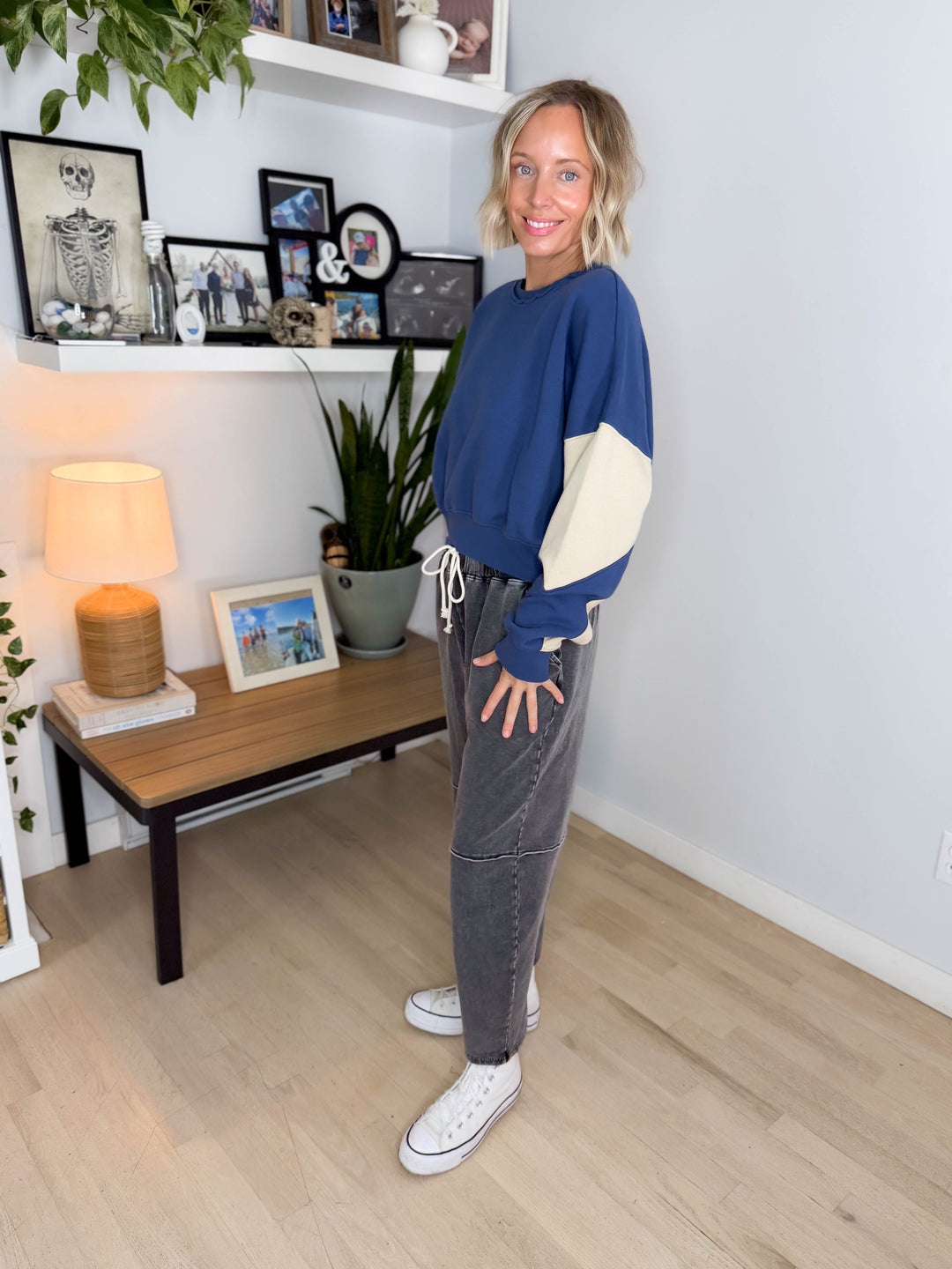 Mono B Tundra Vintage Crop Colour Block Sweatshirt- OCEAN/BONE
