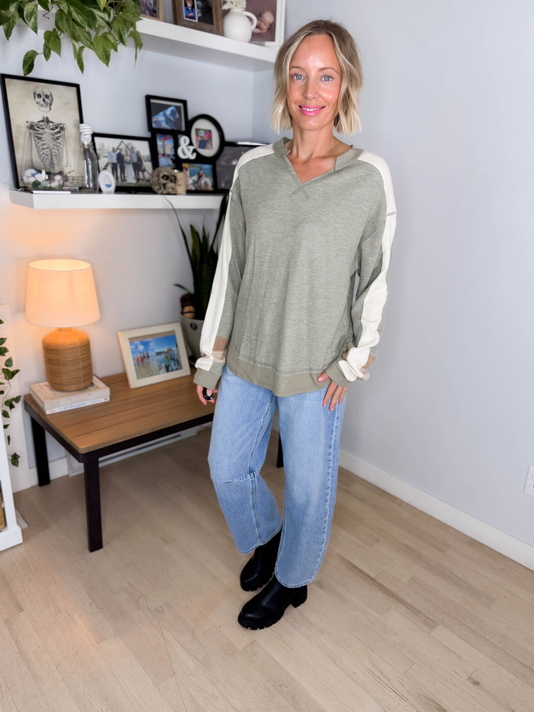 Elara Oversized Waffle Long Sleeve Pullover- SAGE