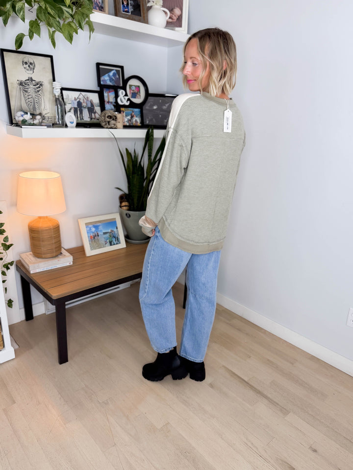 Elara Oversized Waffle Long Sleeve Pullover- SAGE