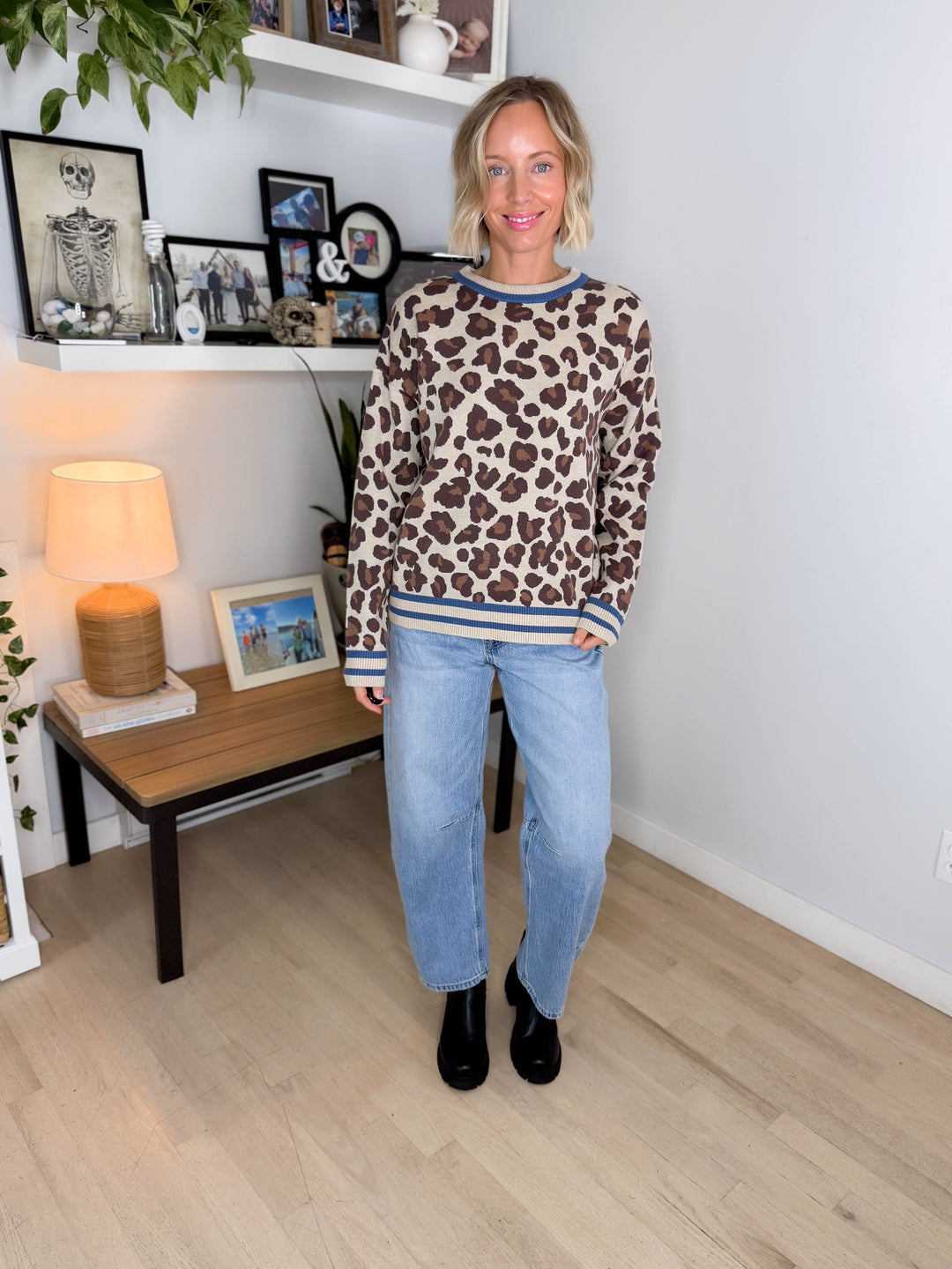 Ryder Colour Trimmed Leopard Crew Neck Sweater- BLUE