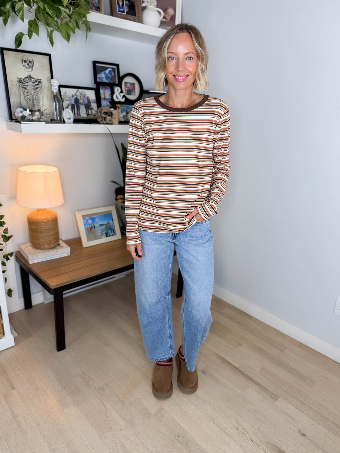 Alder Ribbed Crew Neck Long Sleeve- CAMEL/IVORY