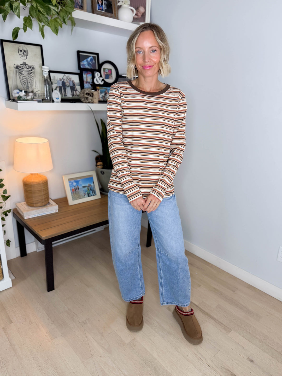 Alder Ribbed Crew Neck Long Sleeve- CAMEL/IVORY