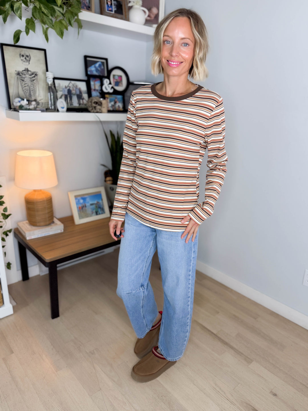 Alder Ribbed Crew Neck Long Sleeve- CAMEL/IVORY