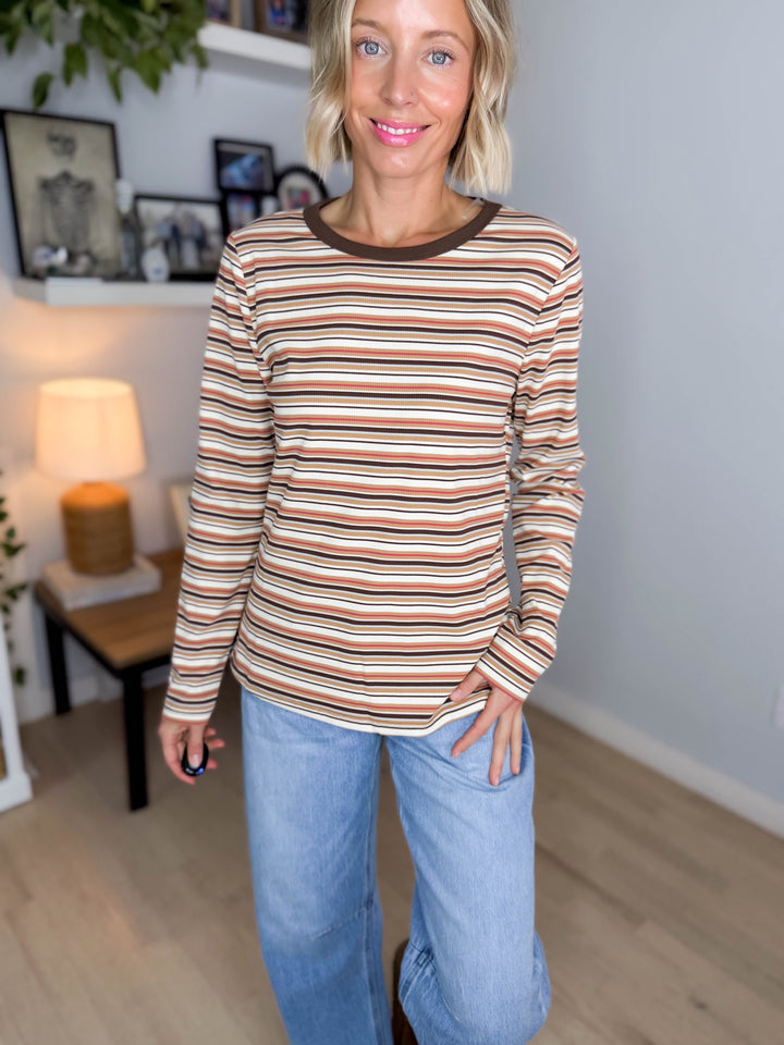 Alder Ribbed Crew Neck Long Sleeve- CAMEL/IVORY