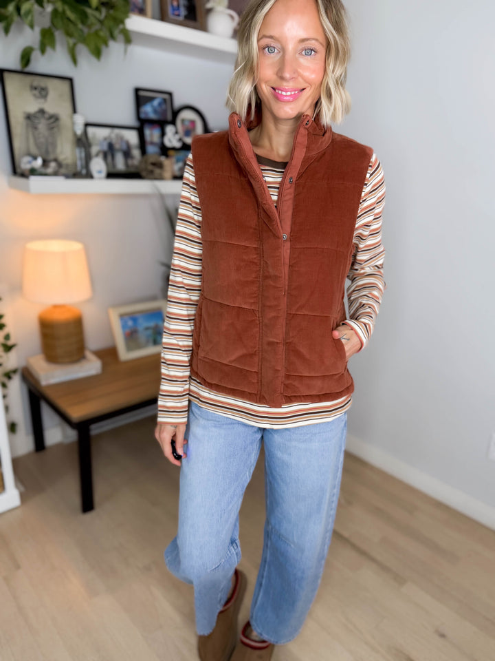Camden Corduroy Puffer Vest- SEPIA