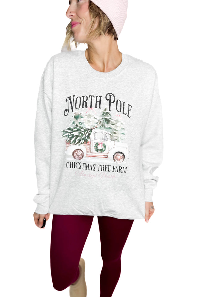 North Pole Christmas Truck Crewneck- ASH
