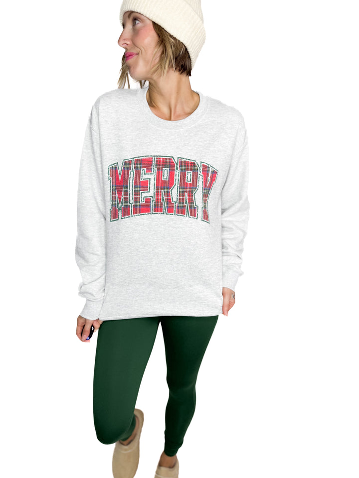 Merry Glitter Plaid Crewneck- ASH