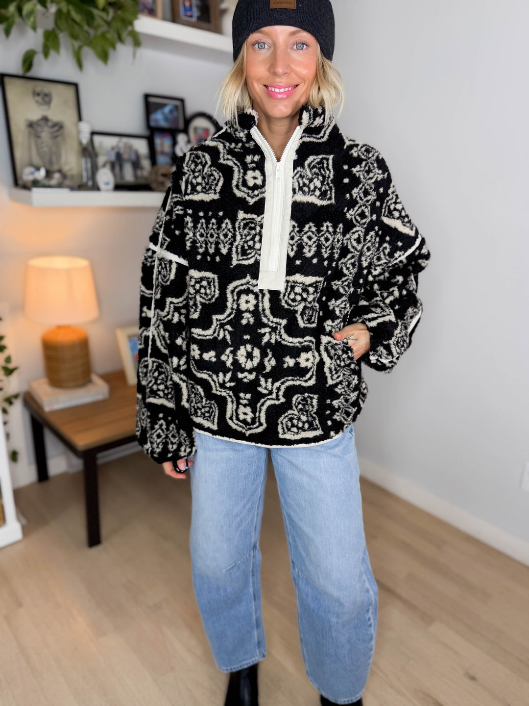 Koda Patterned Fleece 1/4 Zip Jacket- BLACK