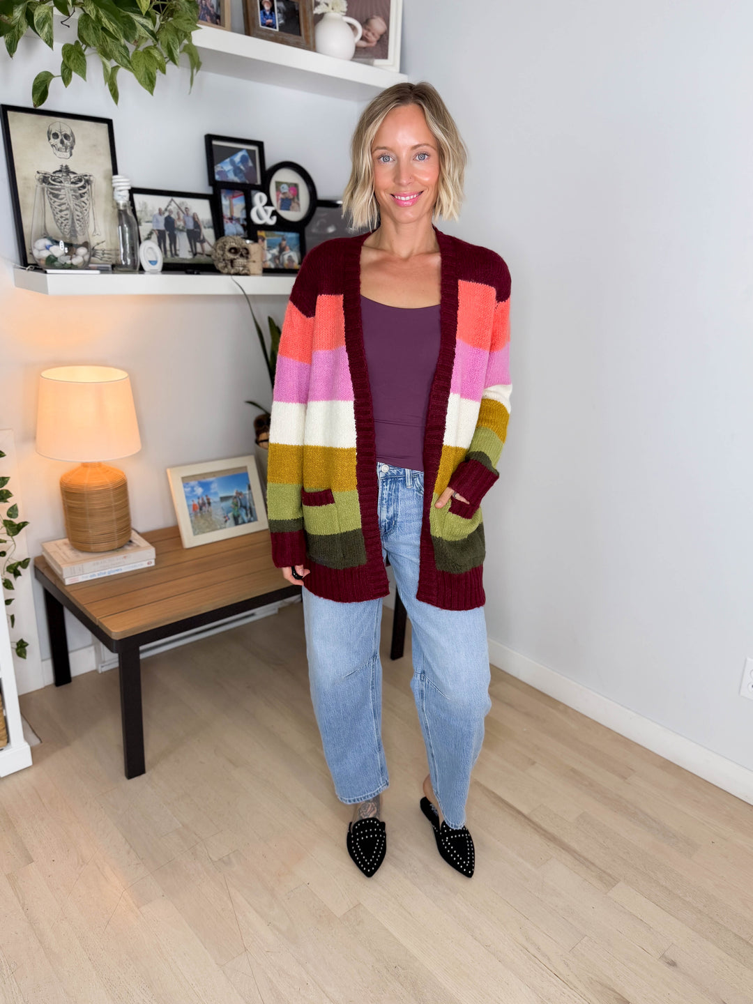 Ravina Multi Colour Blocked Pocket Cardigan- BURGUNDY