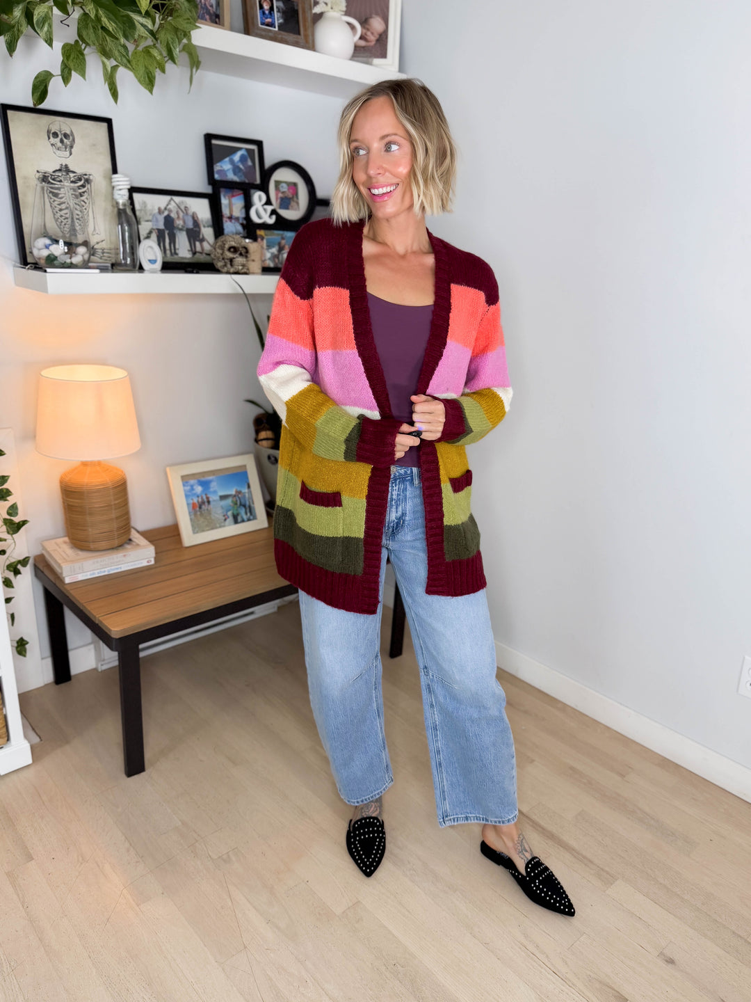 Ravina Multi Colour Blocked Pocket Cardigan- BURGUNDY