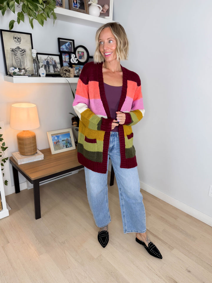 Ravina Multi Colour Blocked Pocket Cardigan- BURGUNDY