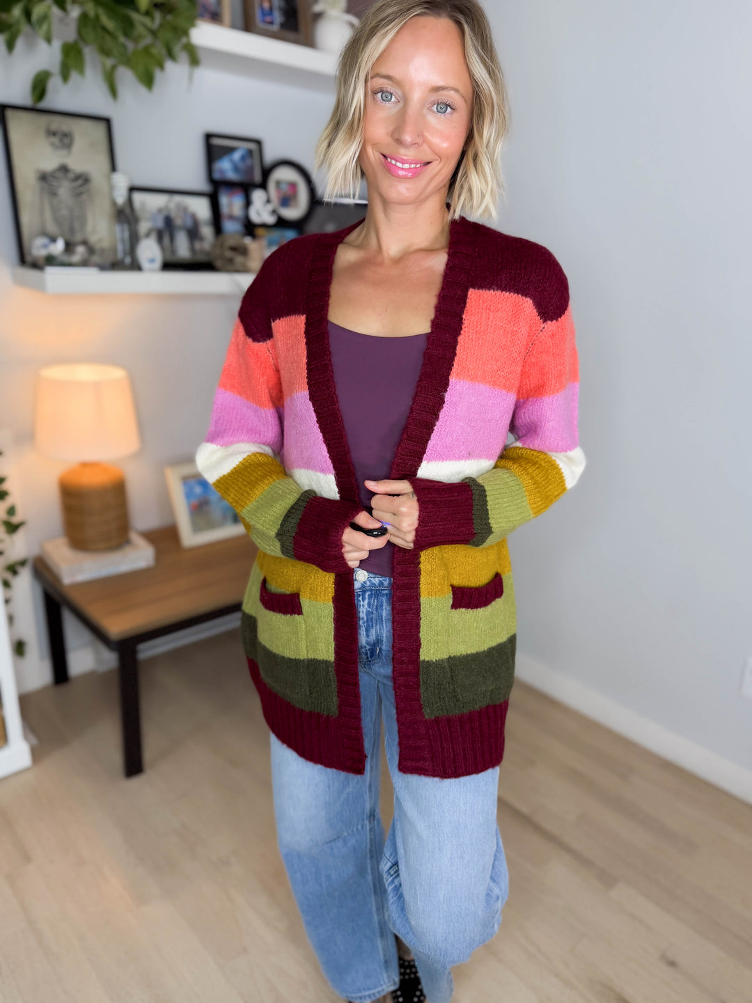 Ravina Multi Colour Blocked Pocket Cardigan- BURGUNDY