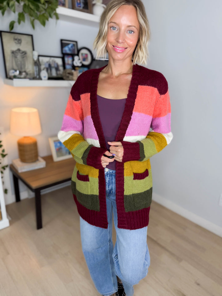 Ravina Multi Colour Blocked Pocket Cardigan- BURGUNDY