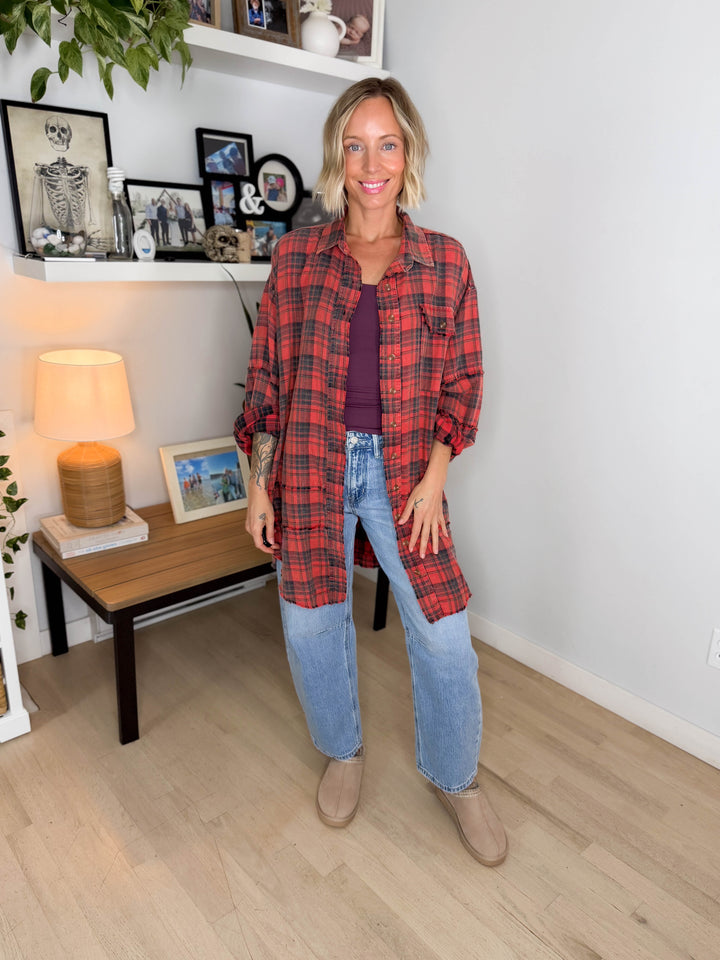 Fenton Oversized Cotton Plaid Button Down- PINKISH CORAL