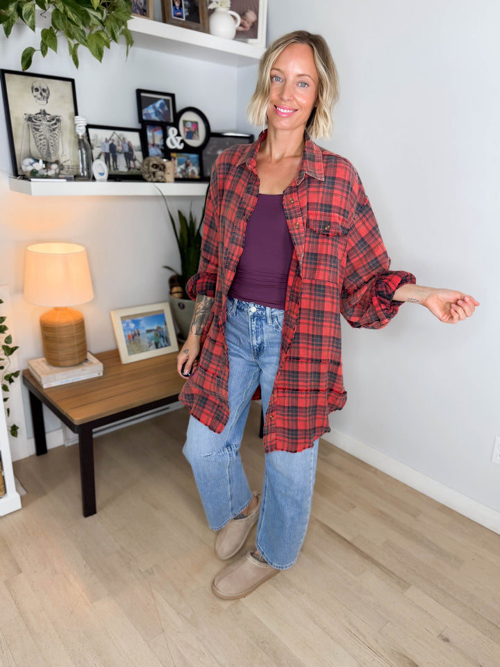 Fenton Oversized Cotton Plaid Button Down- PINKISH CORAL