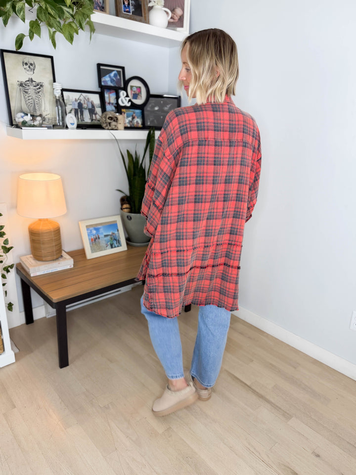 Fenton Oversized Cotton Plaid Button Down- PINKISH CORAL