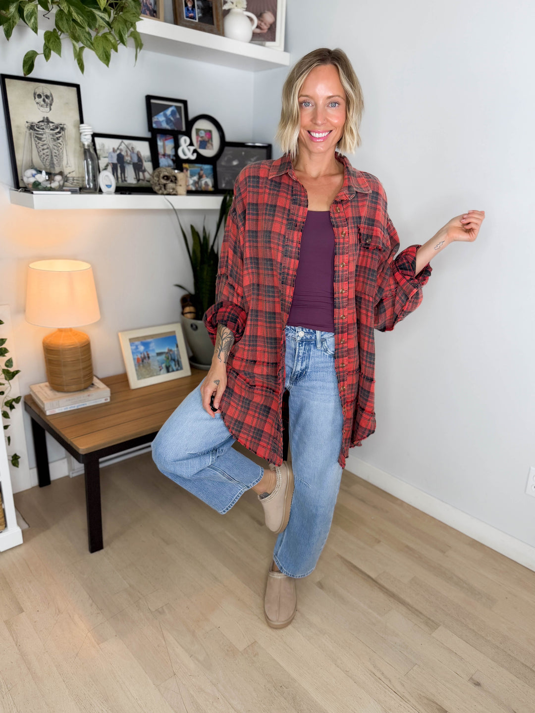 Fenton Oversized Cotton Plaid Button Down- PINKISH CORAL
