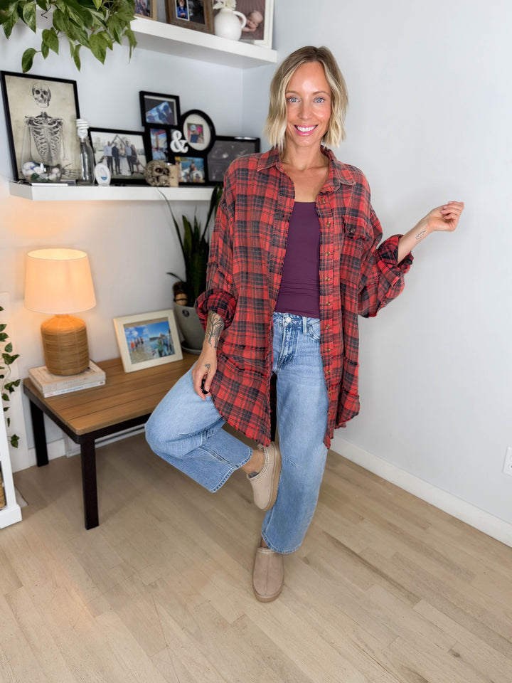 Fenton Oversized Cotton Plaid Button Down- PINKISH CORAL