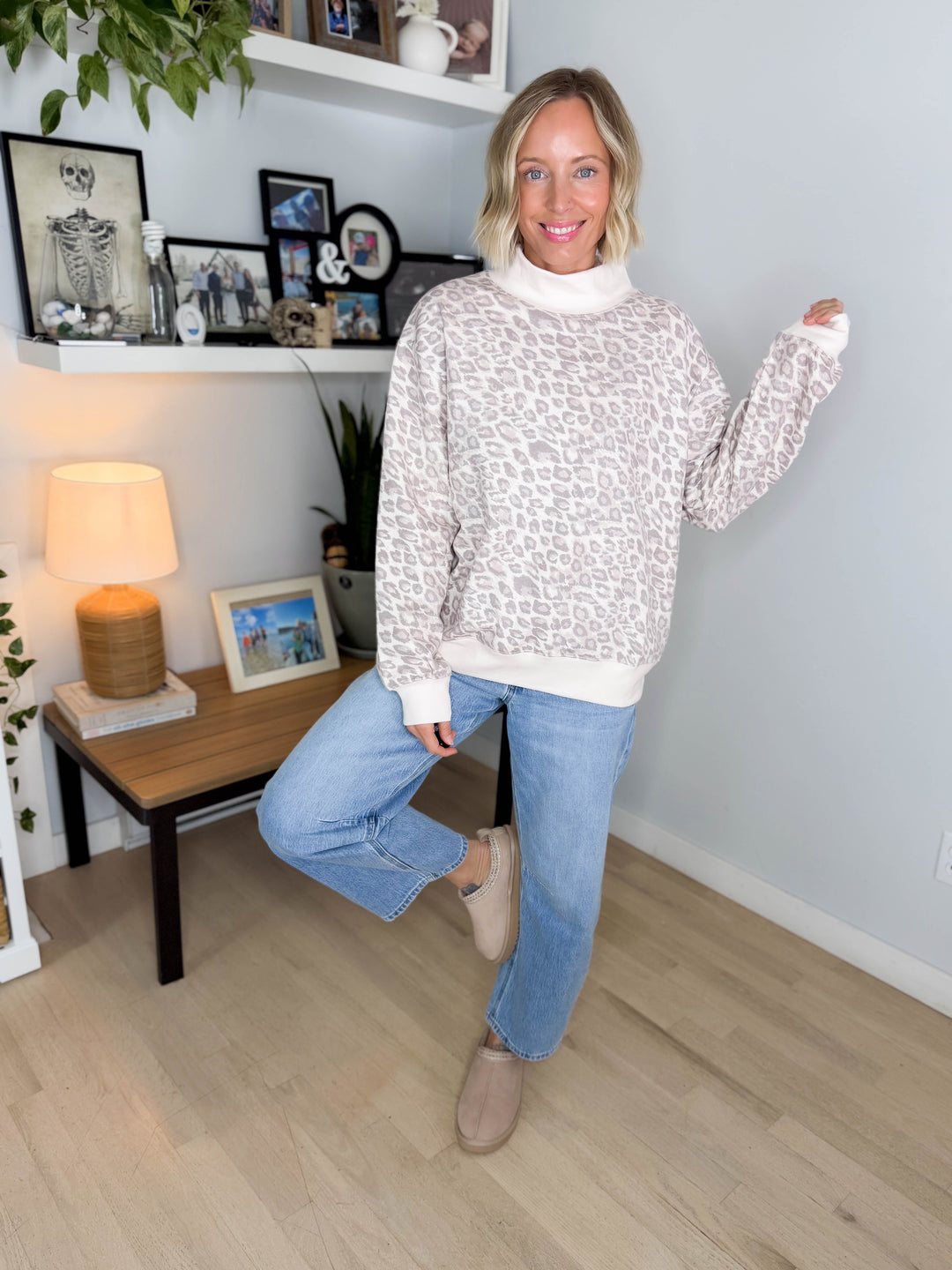 Peter Printed Mock Neck Sweatshirt- TAN/LEOPARD