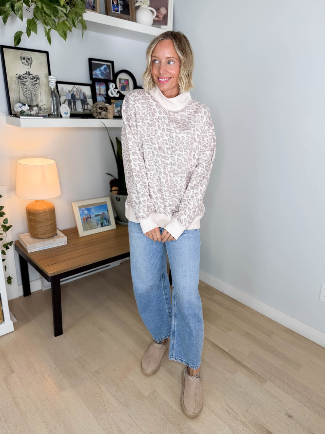 Peter Printed Mock Neck Sweatshirt- TAN/LEOPARD