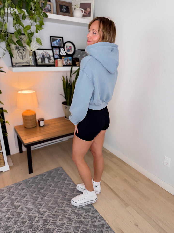 Penelope Cropped Fleece Hoodie- DUSTY BLUE