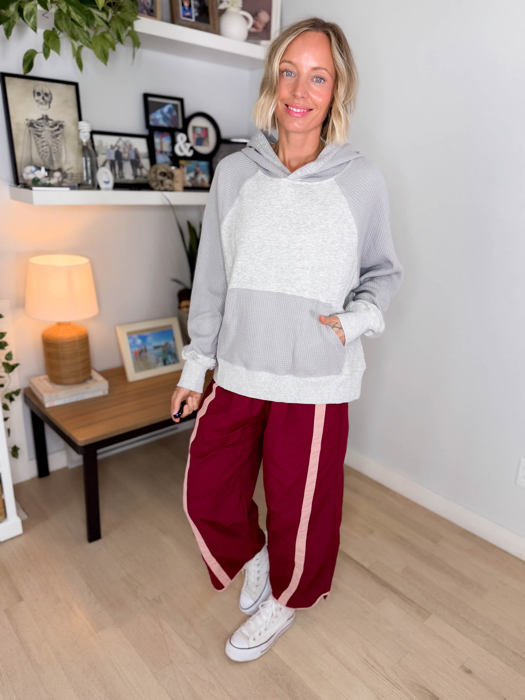 Sonoma Round Neck Waffle Knit Long Sleeve Hoodie- HEATHER GREY