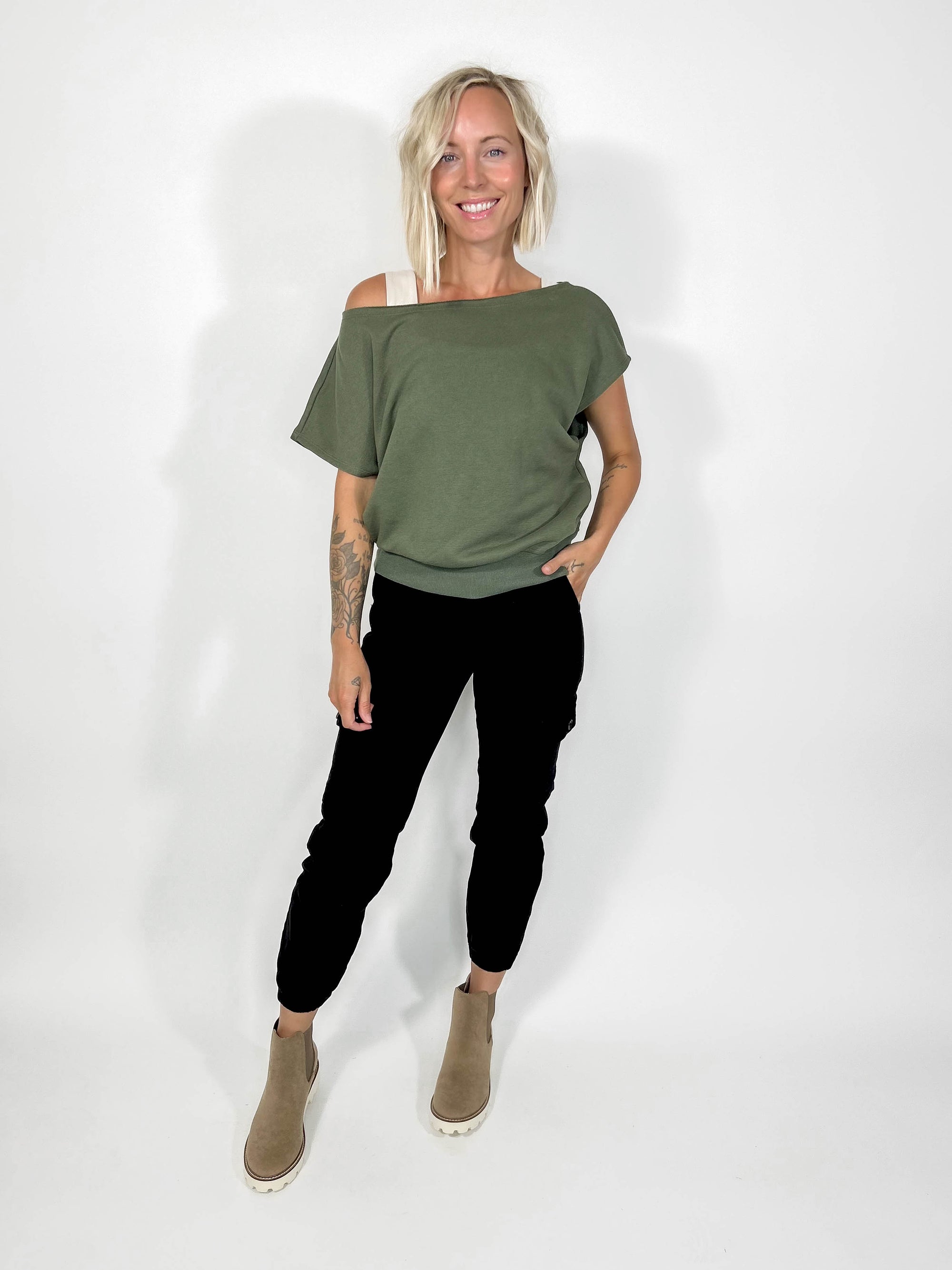 Los Angeles Shoulder Top- LT OLIVE-FINAL SALE