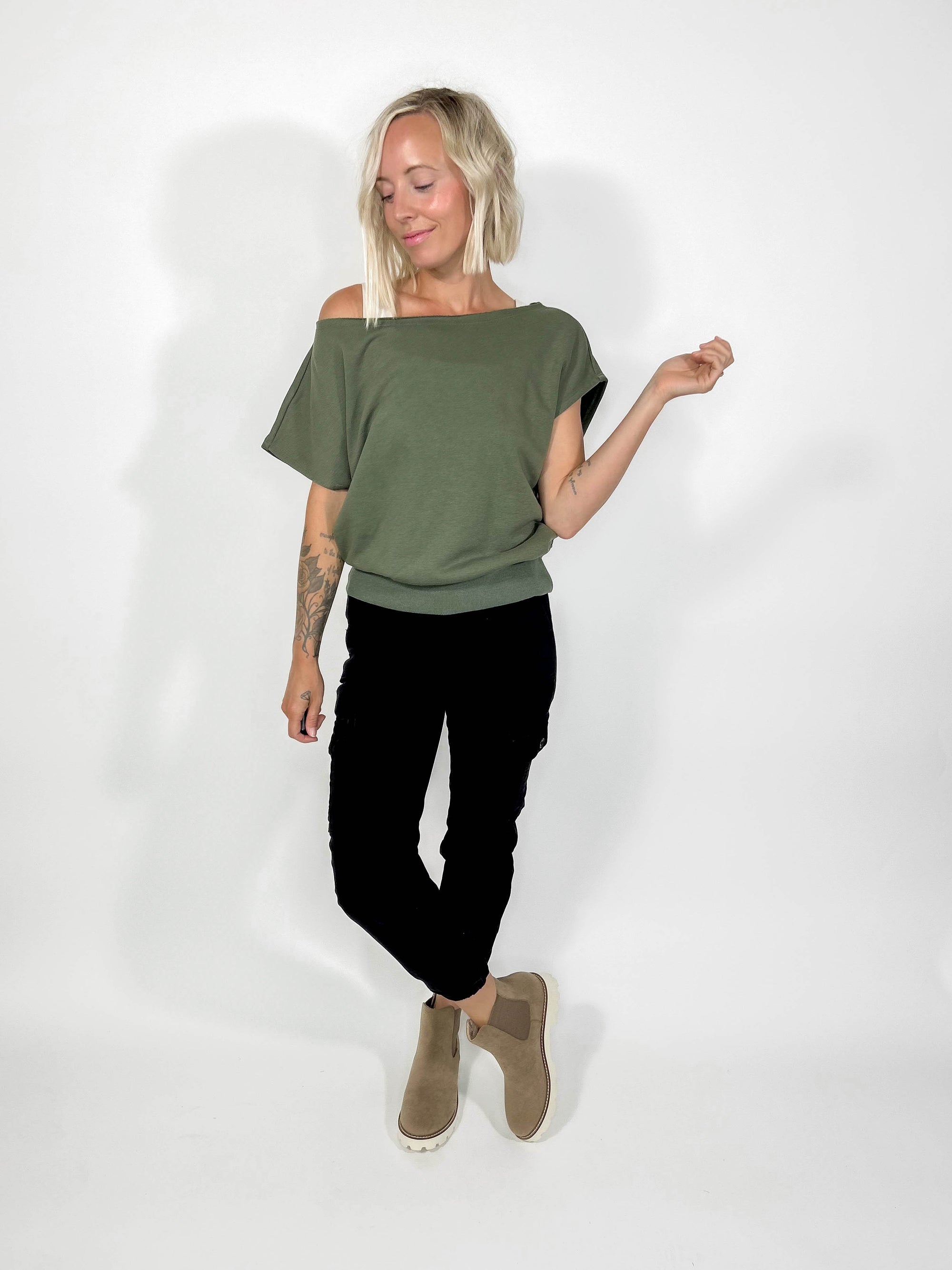 Los Angeles Shoulder Top- LT OLIVE-FINAL SALE