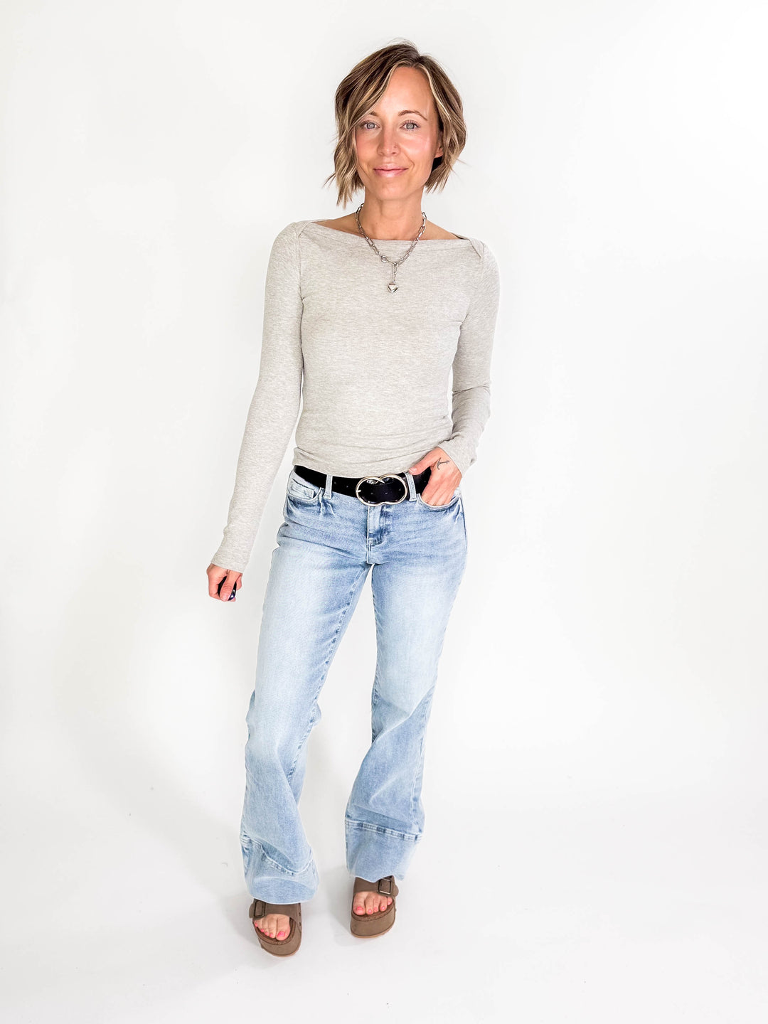 Plaionie Boatneck Ribbed Knit Long Sleeve- GREY-FINAL SALE