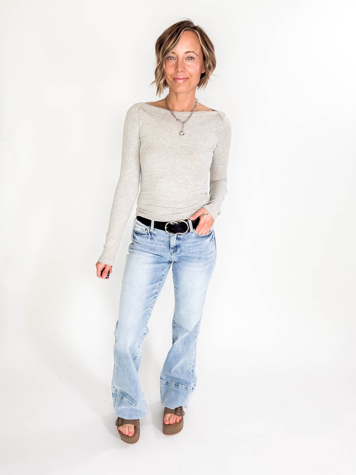 Plaionie Boatneck Ribbed Knit Long Sleeve- GREY-FINAL SALE