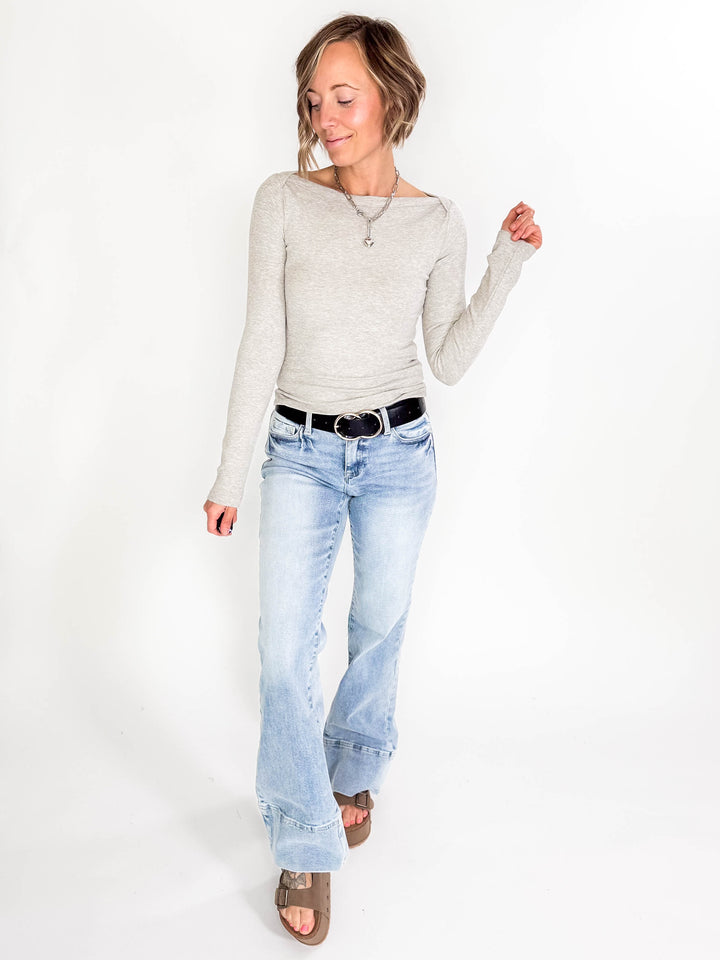 Plaionie Boatneck Ribbed Knit Long Sleeve- GREY-FINAL SALE