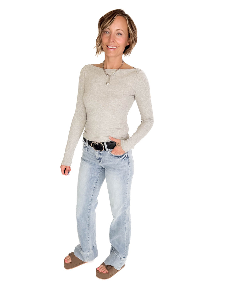 Plaionie Boatneck Ribbed Knit Long Sleeve- GREY-FINAL SALE