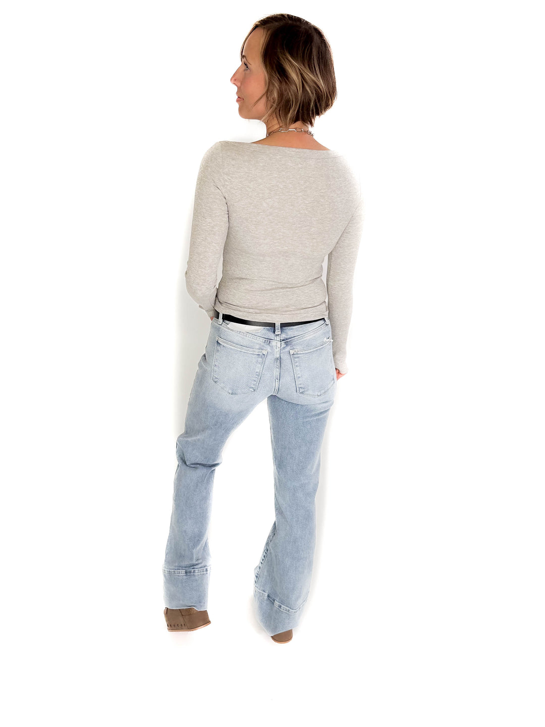Plaionie Boatneck Ribbed Knit Long Sleeve- GREY-FINAL SALE