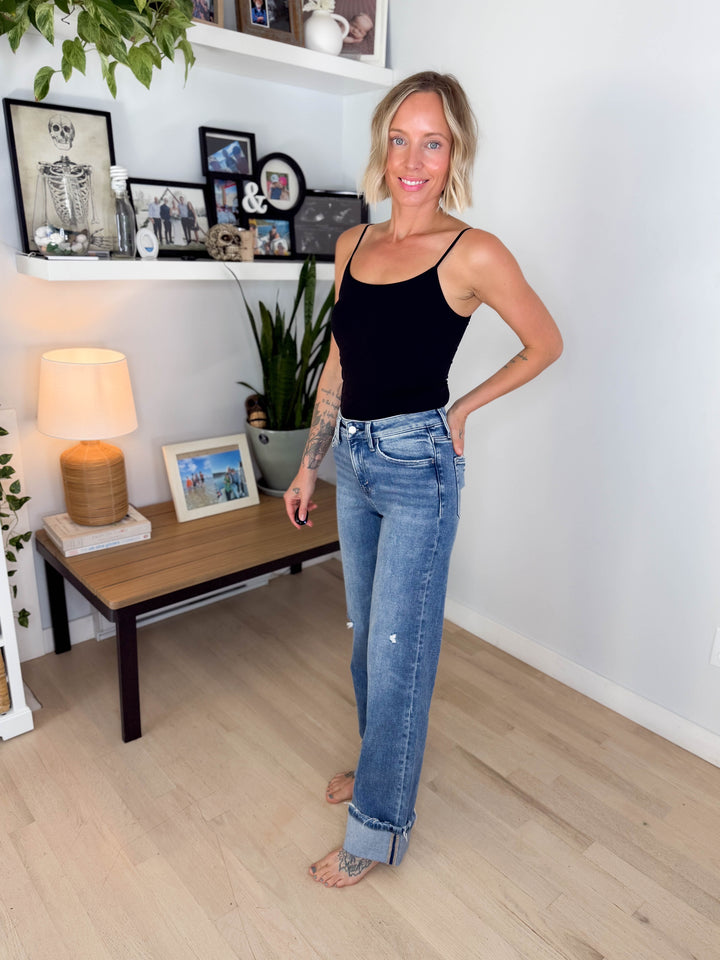Flying Monkey High Rise Tawna Slim Wide Leg Jeans- MEDIUM WASH