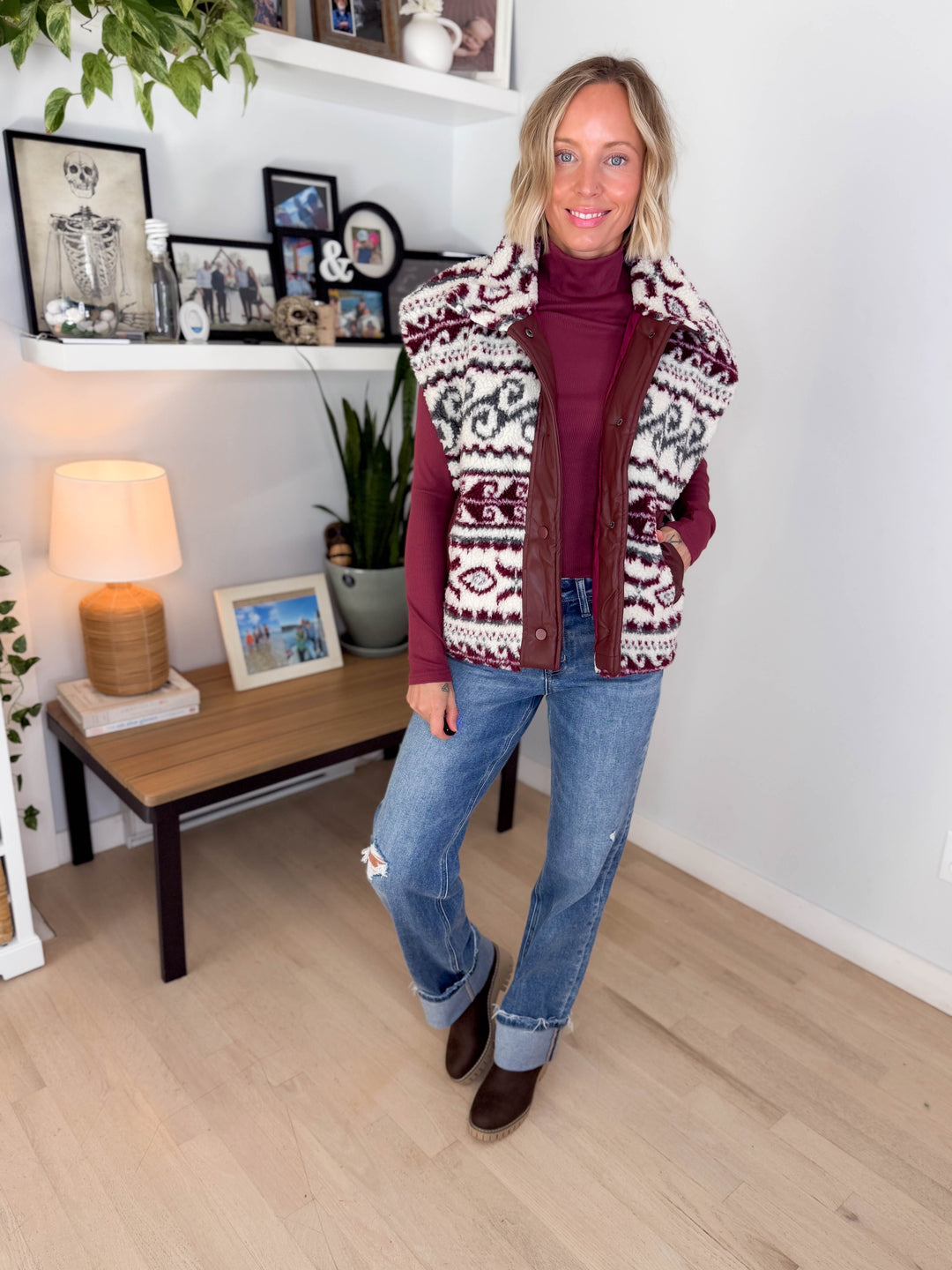 Celeste Oversized Sherpa Button Down Vest- MULBERRY