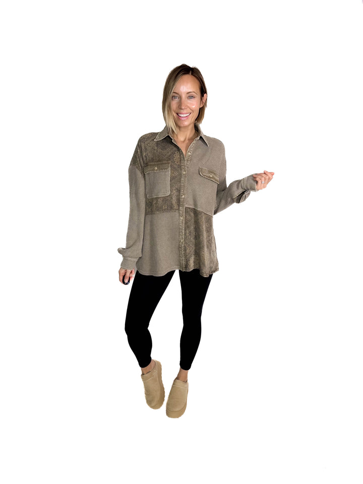 Amera Paisley Print Mix Button Down Shacket- COFFEE